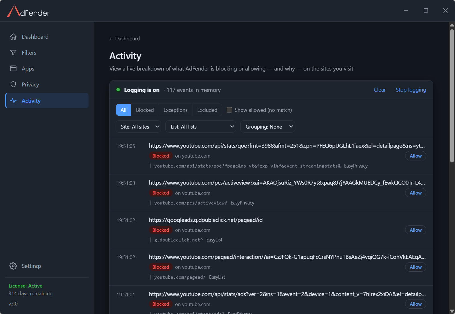AdFender Activity page showing a live on-device log of blocked requests, each naming the filter list and rule that matched