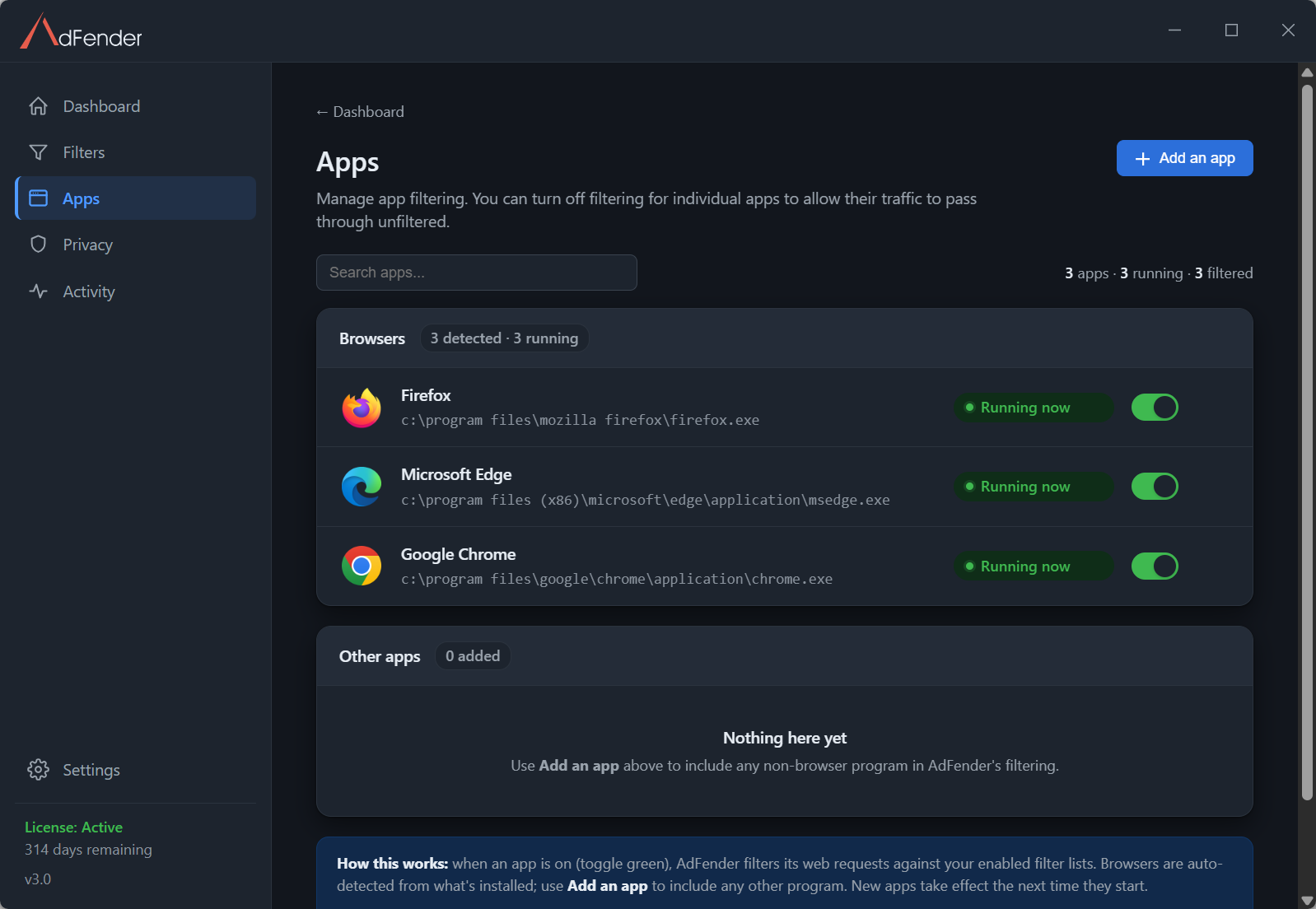AdFender Apps page showing Firefox, Microsoft Edge and Google Chrome detected and filtering, with an Add an app button