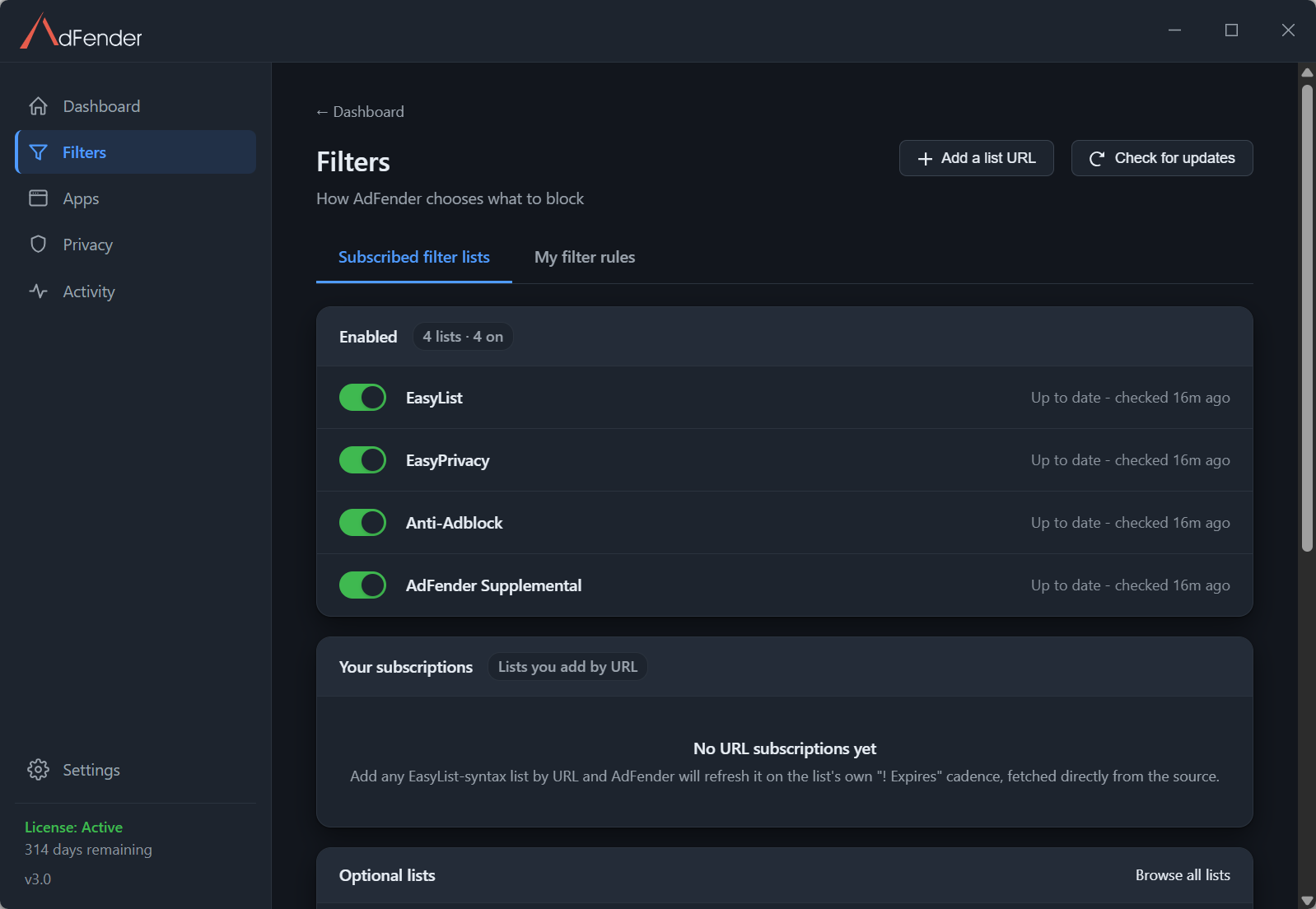 AdFender Filters page showing EasyList, EasyPrivacy, Anti-Adblock and AdFender Supplemental enabled and up to date