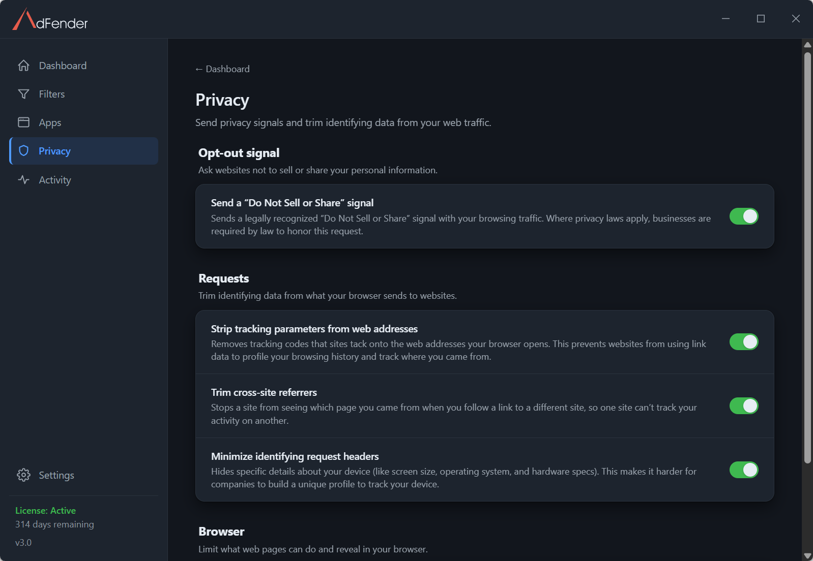 AdFender Privacy page with toggles for a Do Not Sell or Share signal, stripping tracking parameters, trimming cross-site referrers and minimizing identifying request headers